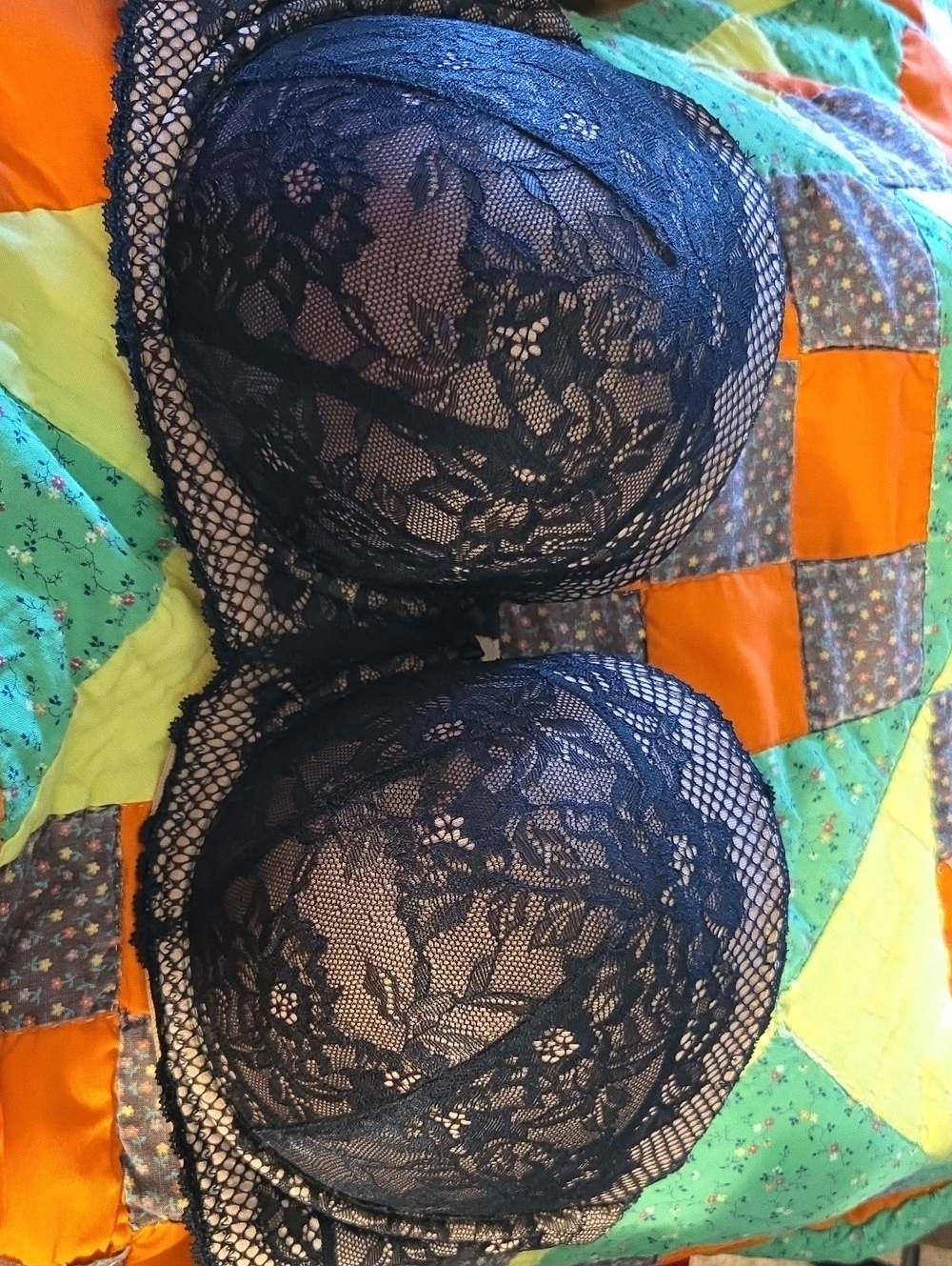 Black Lace Strapless Bra with Floral Overlay - Unbranded